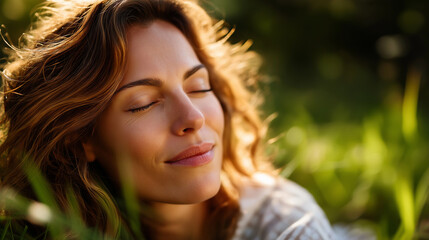 Naklejka premium Relaxed woman resting on the grass with closed eyes, sun-dappled bokeh, serene moment, relaxation, nature, summer, mindfulness, wellness, outdoor, peaceful, lifestyle, rest, with c