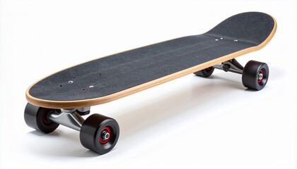 Wooden skateboard with black grip tape, metal trucks, and red-bearing wheels.