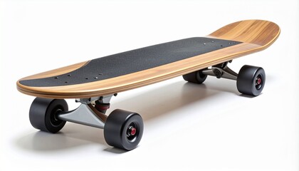 Wooden skateboard with black grip tape, metal trucks, and red-bearing wheels.