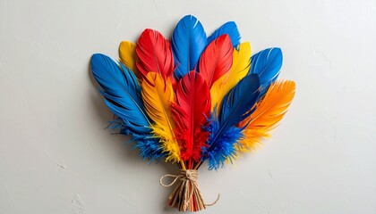 Colorful feathers fanned and tied with twine on light background.