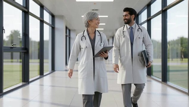Successful Medical Team Collaboration: Diverse Senior and Junior Doctors Discussing Data on Tablet while Walking Through a Bright, Modern Clinic Hall.