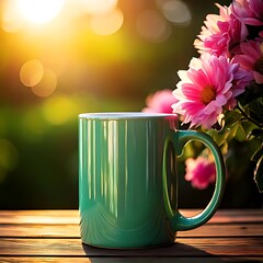 Pink flowers, a wooden table, a green porcelain mug, and a blurred nature background