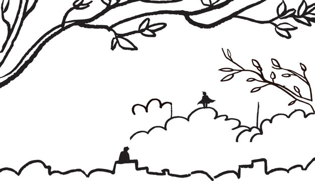 Vector art illustration of a black silhouette tree with a bird for a vintage nature design border and Halloween decoration