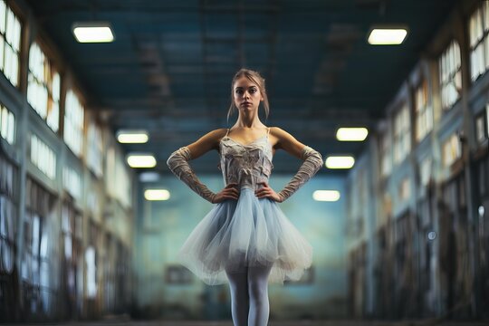 Young ballerina standing in an abandoned factory building, wearing a tutu and gloves, striking a graceful pose