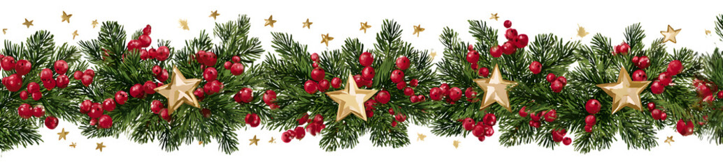 A horizontal banner featuring three decorative Christbaum, each adorned with red berries and golden stars. Symbolic wide format, isolated on white background.