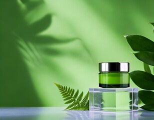 Jar of Green Face Cream with Leaves on an Acrylic Box