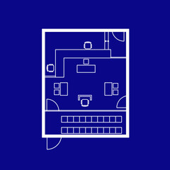 Architectural plan illustration of a small courtroom layout of 60 square meters trial area.  Place for judge, defense, prosecution and spectators.  Law justice, public process. Image in blueprint styl