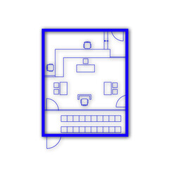 Architectural plan illustration of a small courtroom layout of 60 m² trial area. Place for judge, defense, prosecution and spectators. Law justice, public process. Blue lines on white background.