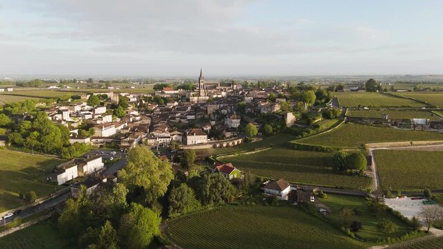 Spring morning over Saint-&Eacute;milion &mdash; drone view of vineyards, golden light, and timeless charm.