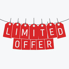 Red hanging tags announcing limited offer sale for retail promotions and marketing vector