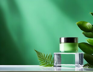 Jar of Green Face Cream with Leaves on an Acrylic Box