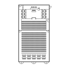Architectural plan illustration of a massive courtroom layout of 500 square meters trial area.  Place for judge, defense, prosecution and spectators.  Law justice, public process. Monochrome image.