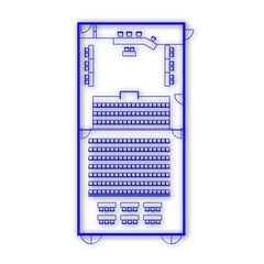 Architectural plan illustration of a large courtroom layout of 300m² trial area. Place for judge, defense, prosecution and spectators. Law justice, public process. Blue lines on white background