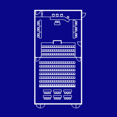 Architectural plan illustration of a large courtroom layout of 300 square meters trial area. Place for judge, defense, prosecution and spectators. Law justice, public process. Image in blueprint style