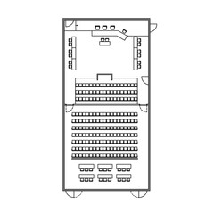Architectural plan illustration of a large courtroom layout of 300 square meters trial area.  Place for judge, defense, prosecution and spectators.  Law justice, public process. Monochrome image.