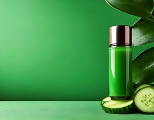Sliced cucumber next to a green face mask jar on a green backdrop