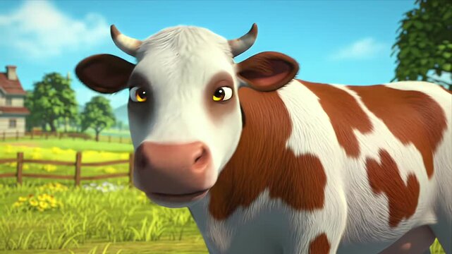 Animated brown and white cow with yellow eyes smiling happily on a sunny farm field Perfect for childrens content agriculture themes or cheerful animal scenes