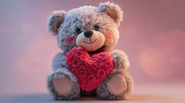Soft and Furry Teddy Bear Holding Rose Heart Shape for Valentine. Ai Generated Images