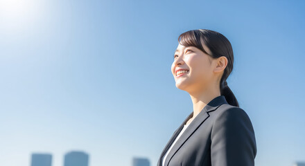 澄み渡る青空の下で輝く女性ビジネスパーソンの笑顔