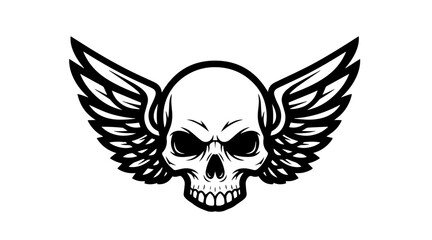 A striking black and white vector illustration of a menacing human skull with large, detailed feathered wings spreading wide.