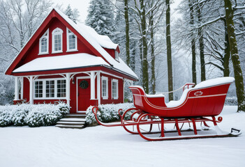 Classic red winter sleigh parked outside a charming snow-dusted cottage