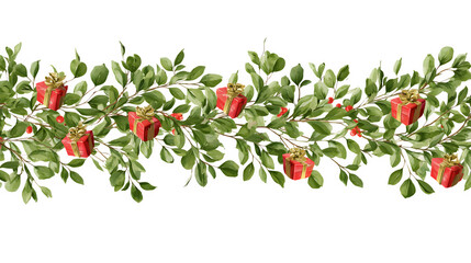 A horizontal border of vector Christmas branches, decorated with tiny red and gold gift boxes. Charming and decorative graphic, EPS 10 style, isolated on white background.