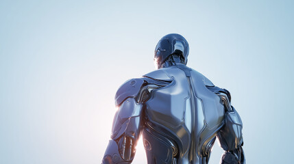 光を浴びる未来型ロボットのメタリックな後姿