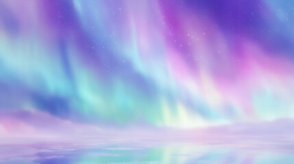 幻想的なパステルオーロラが輝く夜空と水面の景色