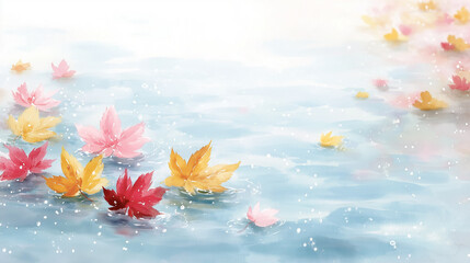 柔らかな水彩で描かれた秋の紅葉が浮かぶ水面