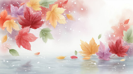 柔らかな水彩で描かれた秋の紅葉が浮かぶ水面