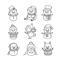 set of cartoon christmas snowmans in doodle style. Funny snowman wearing hat, scarf on white background. Xmas card.