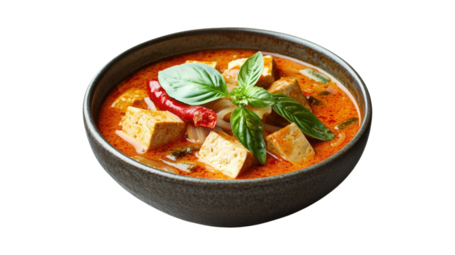 Tofu Curry Bowl with Basil and Chili isolated on a transparent background - Powered by Adobe