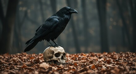 A majestic raven perched atop a realistically rendered, weathered human skull, both resting on a patch of dry, crackling autumn leaves, against a blurred, dark forest background,