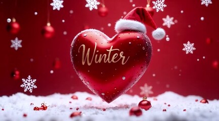 Red Christmas heart with falling snow and rotating podium - Powered by Adobe