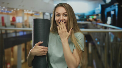 Woman holding yoga mat in mall with surprised expression, surrounded by various shops and bright indoor lighting, showcasing casual fashion and health lifestyle.