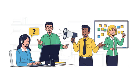 A diverse team of business professionals collaborates on strategic initiatives, providing customer support and presenting innovative ideas in a modern office setting.