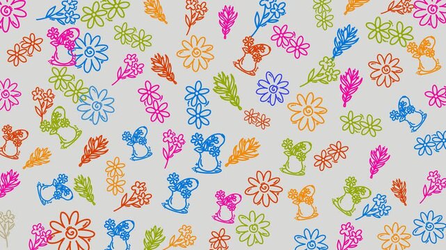 Doodle floral patterns of flowers vases and leaves for backgrounds, invitations, stationery, fabric design, and digital art projects. Suitable for various projects requiring a detailed floral illustra