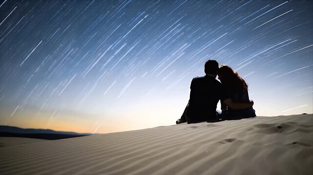 Romantic Couple on Desert Sand Dunes Watching Star Trails in the Beautiful Night Sky Silhouetted Against the Serene Twilight Horizon