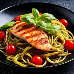 Black plate, grilled chicken breast, fresh tomatoes, basil leaves, and green spaghetti