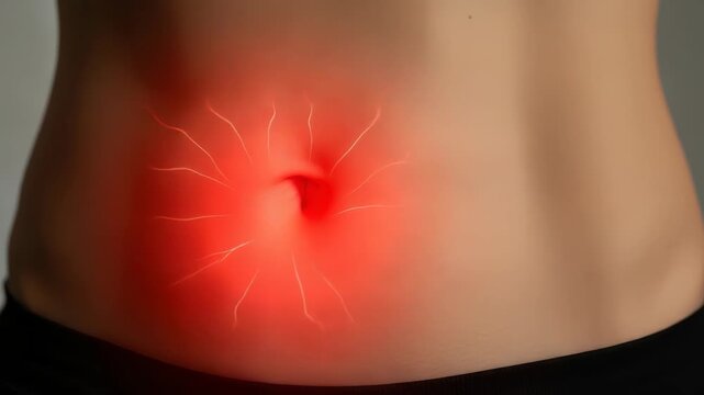 Abdominal Pain: Close-up of Woman's Stomach with Redness and Pain Radiating from Navel