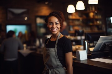 Young barista smiling while working at coffee shop with customers sitting at tables in background