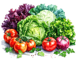 Watercolor illustration of fresh, colorful vegetables artfully arranged