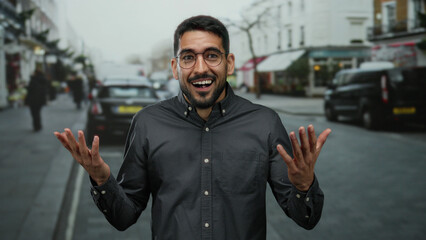Fototapeta premium Smiling young man with glasses standing on a busy urban street showcasing joy in an outdoor city setting.