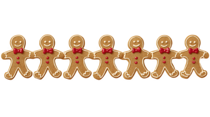 A horizontal border of gingerbread men cookies, each holding hands and wearing a tiny red bow tie. Playful and charming vector illustration, isolated on white background.
