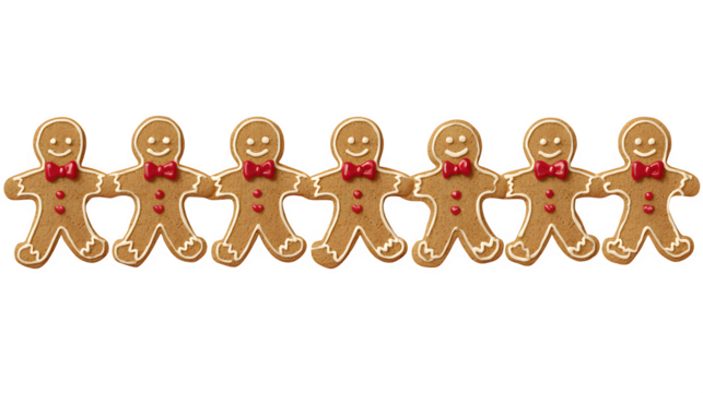 A horizontal border of gingerbread men cookies, each holding hands and wearing a tiny red bow tie. Playful and charming vector illustration, isolated on white background.