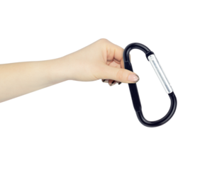 tourist carabiner in hand, outstretched hand with tourist carabiner isolated from background	