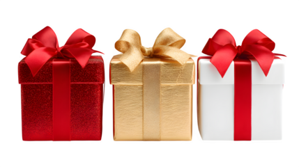 A horizontal row of three identical Christmas gifts, one wrapped in red, one in gold, one in white, all with matching red bows. Clean, minimalist composition, isolated on white background.