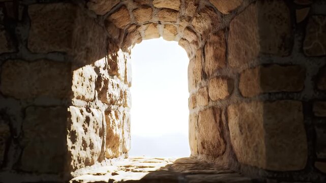Sunlight streaming through an ancient stone archway illuminating the rough texture of a medieval window offering a bright view from a historical castle wall
