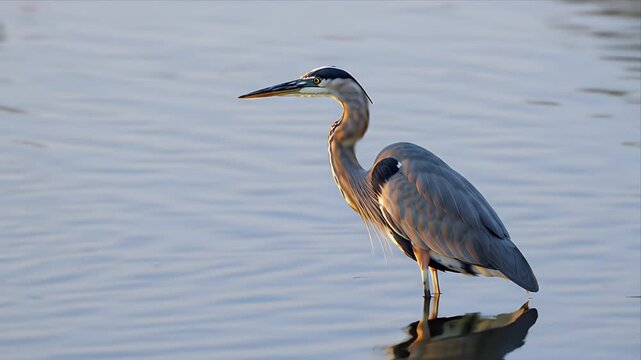Magnificent Great Blue Heron Stands Gracefully in Calm Rippling Water at Sunset or Sunrise Capturing its Elegant Profile and Serene Nature