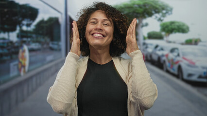 Smiling woman frames face with hands on street amid parked cars and concrete sidewalk; joyful...